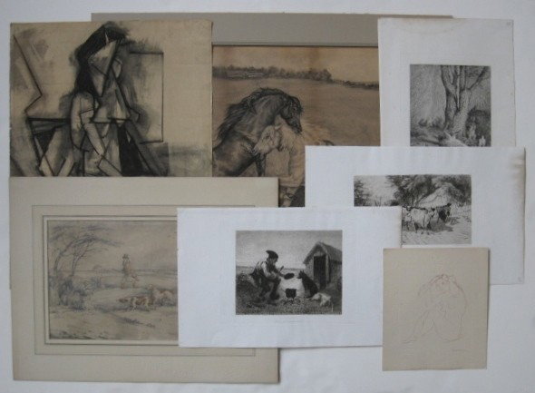 7 misc works on paper: 7 works on paper including a repro after a Walt Kuhn drawing, etching after Veyrassat, Alken, A. Darjou and an abstract charcoal, various condition and sizes.