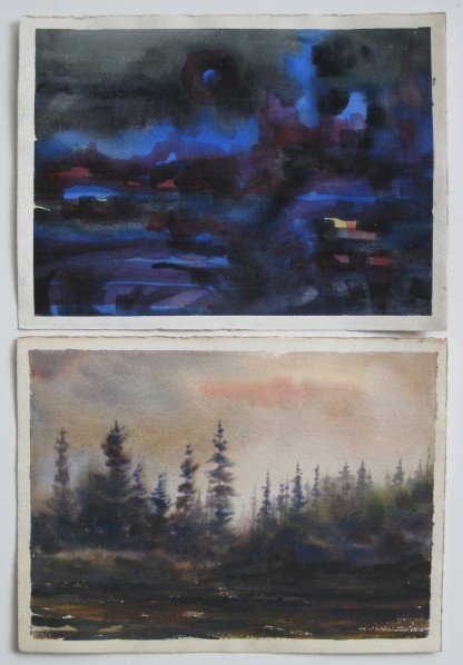 Michael Heath 2 watercolors: Michael Heath- Landscape of Forest; Abstract- 2 watercolors on paper, signed in pen, good condition. 10 1/4 x 14''ea. together with S. Allyn Schaeffer- ''Buttercups''- lithograph in colors, signed, ti