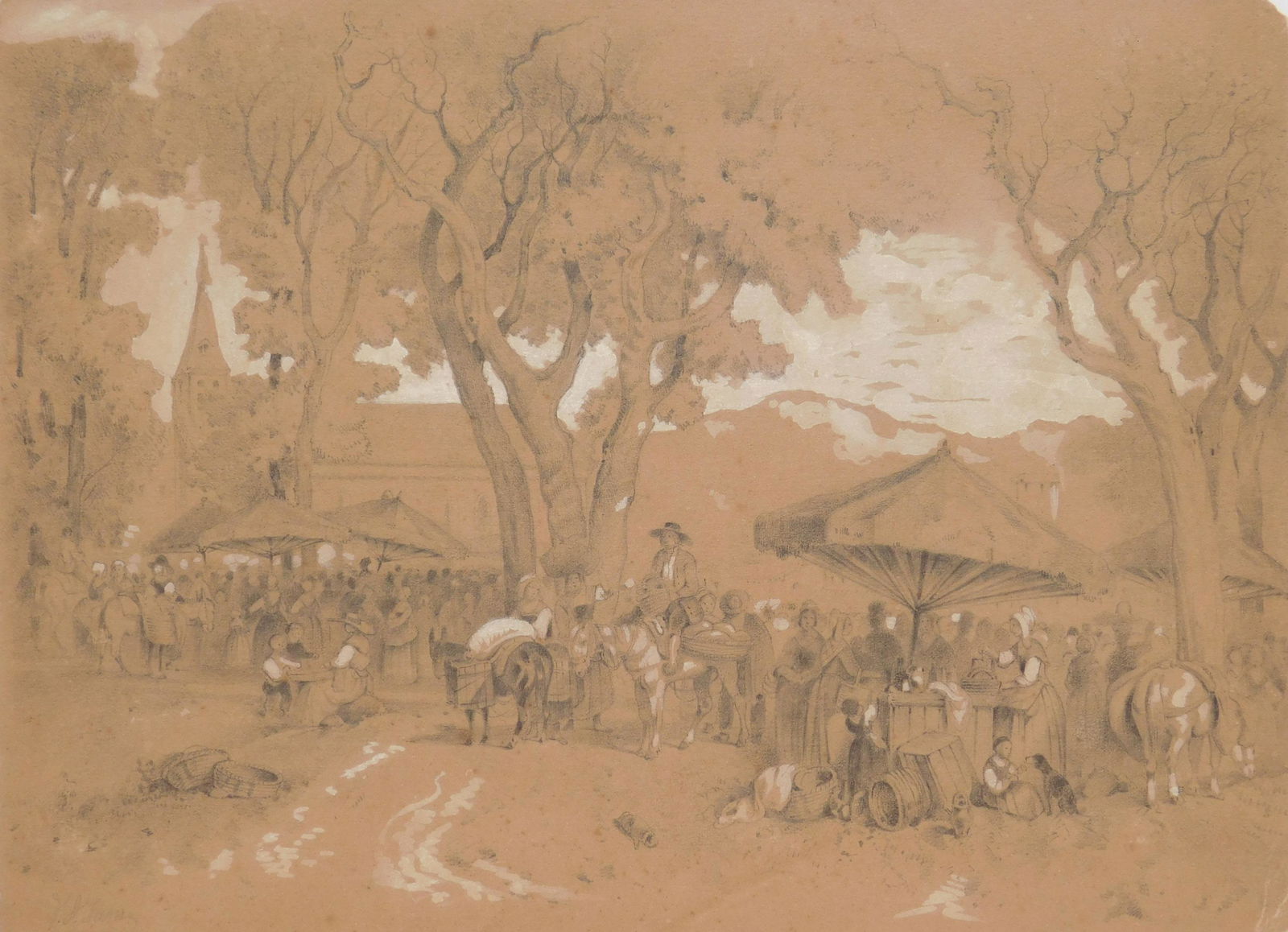 Victor Jean Vincent Adam drawing: Victor Jean Vincent Adam (French 1801-1866) ''Le Faire''- pencil heightened with white on paper, signed V. V. Adams lower left, foxing throughout. 8 1/4 x 11 1/4''