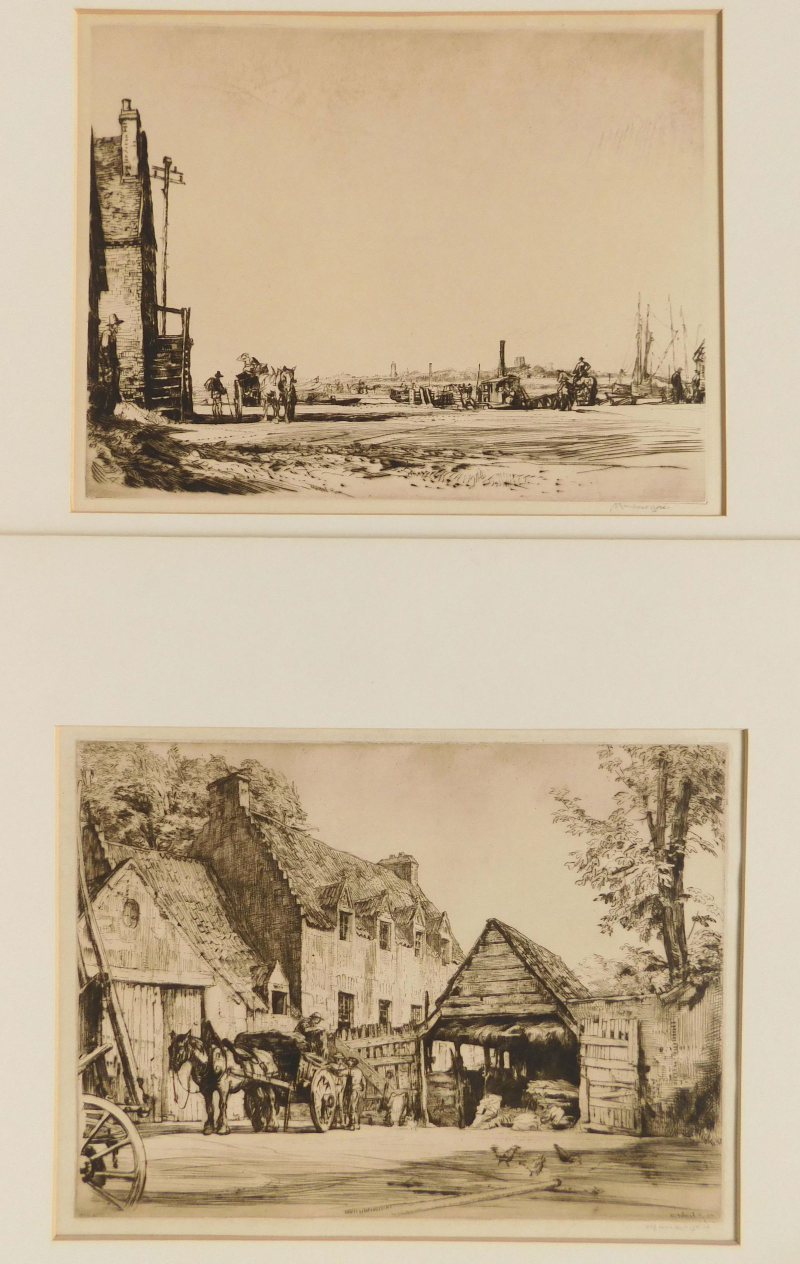 2 Muirhead Bone etchings: Muirhead Bone (British 1876-1953) 1). ''Old Palace, Culross''- drypoint, 1909, signed in pencil, edition of 27, very good condition. 7 5/8 x 10 1/2'' 2). Walberswick Ferry''- drypoint, 1913, signed in