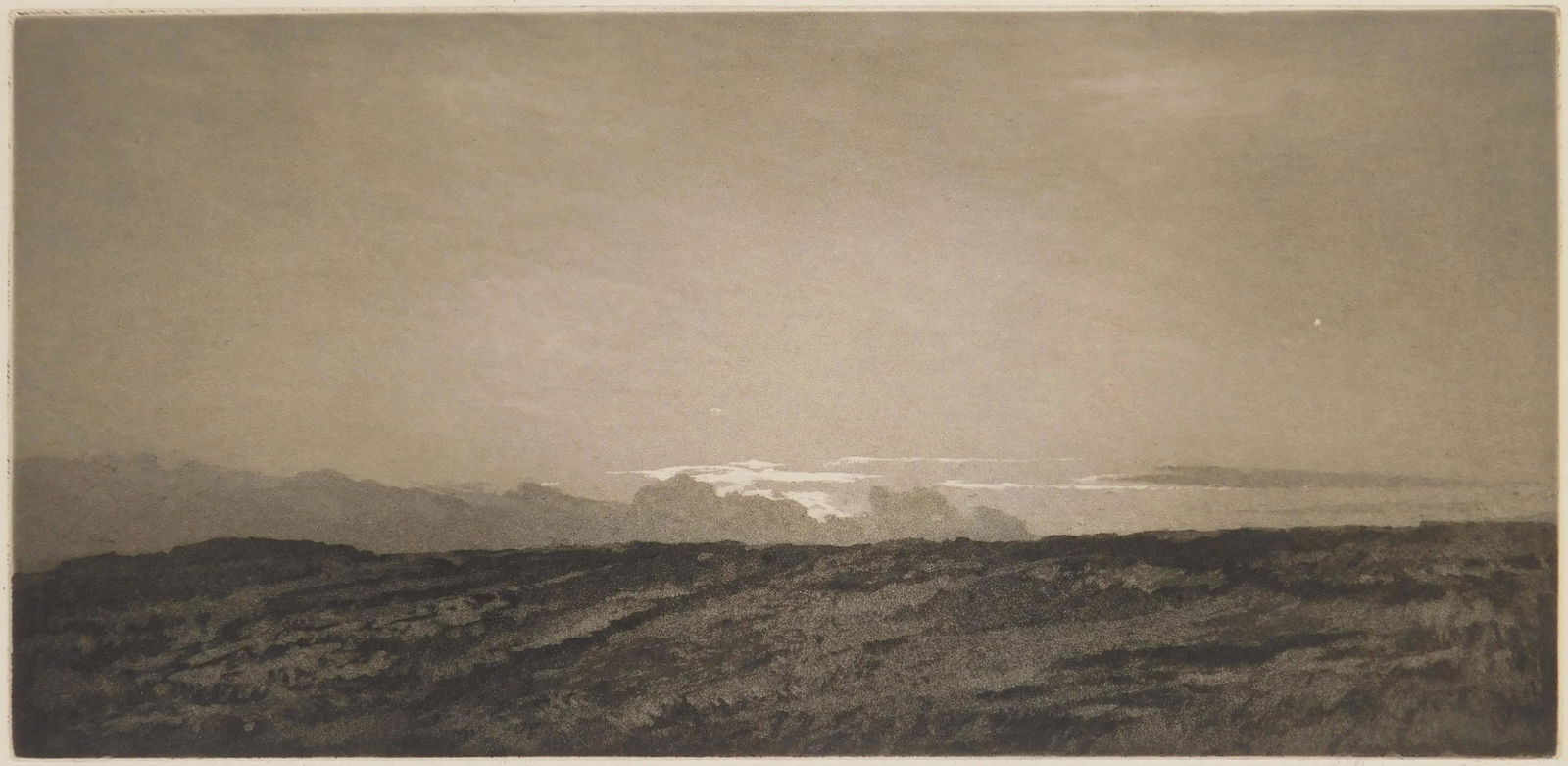 Frank Short aquatint: Frank Short (British 1857-1945) ''Dawn'' (Hardie 160)- aquatint, 1912, signed and dedicated in pencil, printed by the artist on light tan wove paper. 6 3/4 x 14''