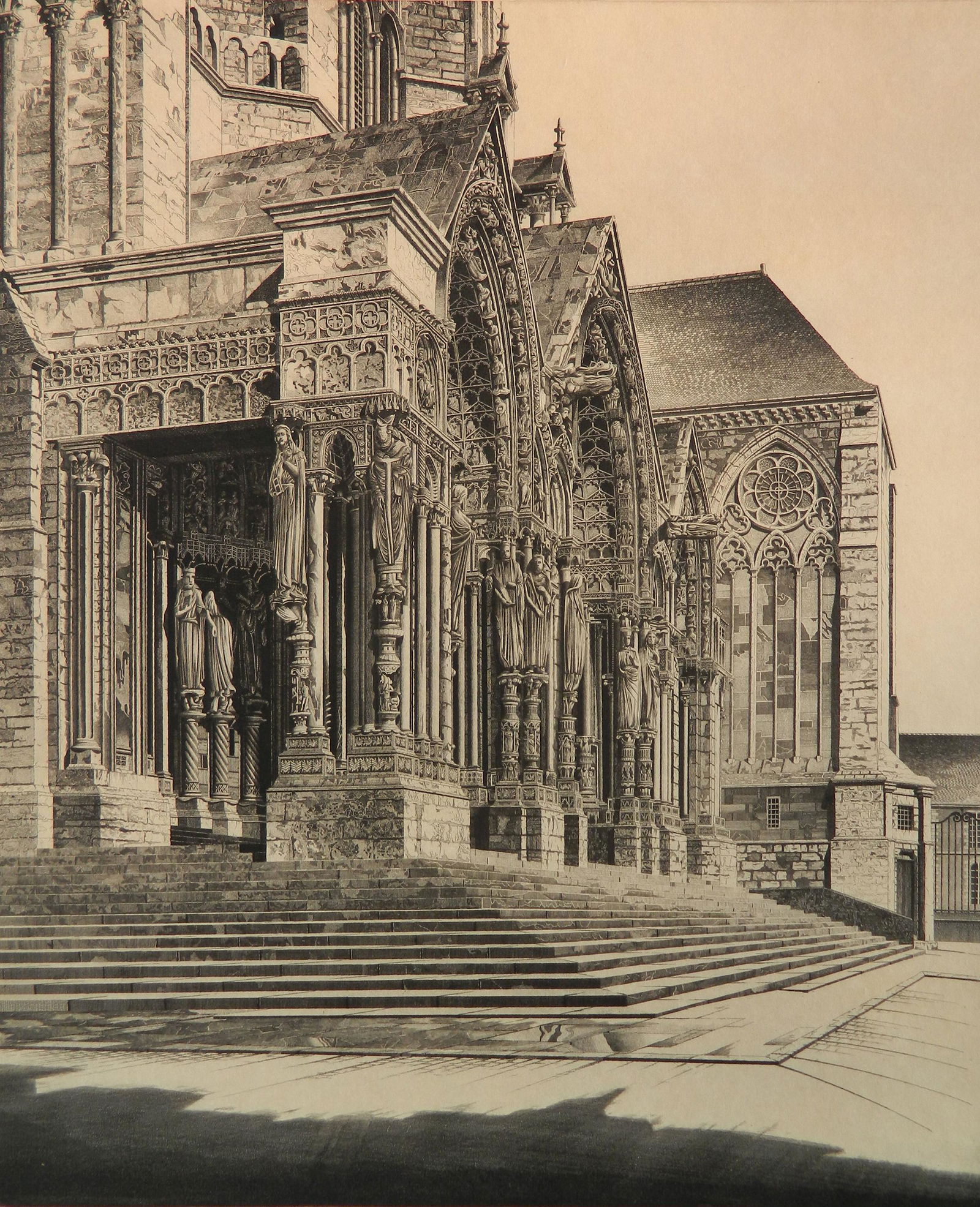 John Taylor Arms etching: John Taylor Arms (1887-1953) ''In Memoriam'' (Fletcher 317)- etching, 1939, signed in pencil, French Church Series no. 40, slightly light struck. 14 5/8 x 12''