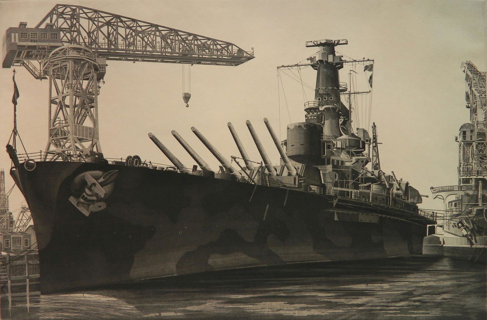 John Taylor Arms etching: John Taylor Arms (American 1887-1953) ''Battlewagon - U.S.S. Alabama Outfitting at Norfolk Navy Yard, Crane Ship Kearsarge Alongside'' (Fletcher 376 vi/VI)- etching, ca. 1942, signed and titled in pen
