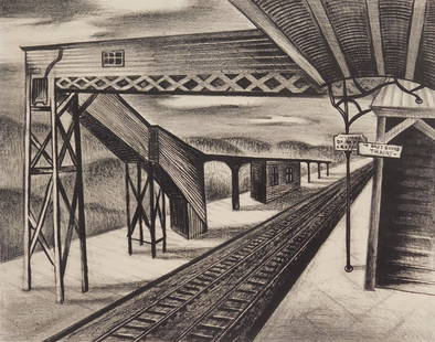 Leon Bibel lithograph: Leon Bibel (American 1913-1995) ''Railway Station''- lithograph, 1938, signed, titled, dated and numbered 1/16 in pencil, very good condition. 9 3/4 x 12 1/2''