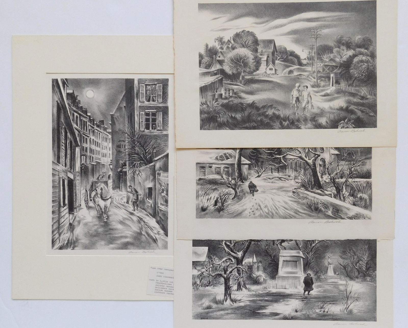 4 Aaron Bohrod lithographs: Aaron Bohrod (1907-1992) 1). ''Summertime'' (AAA651)- lithograph, signed in pencil, edition of 250. 9 x 12 7/8'' 2). ''Church in Luxembourg'' (AAA 844)- .006)- lithograph, 1946, signed in pencil, edit