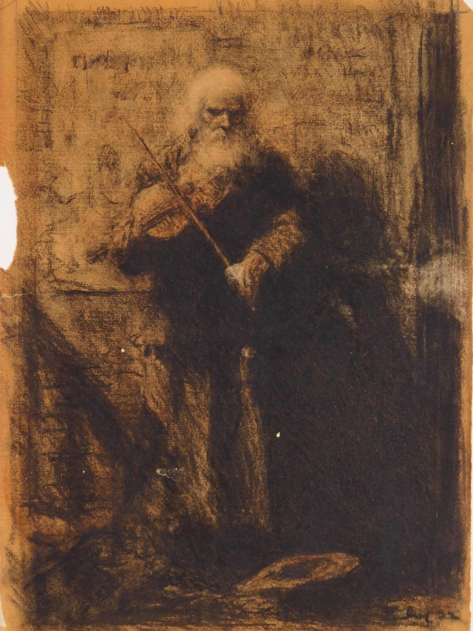 Kerr Eby chalk on paper: Kerr Eby (1889-1946) ''Old Man Playing A Violin''- chalk on paper, some loss to paper around edges, one small puncture in paper. 11 1/2 x 8 1/4''
