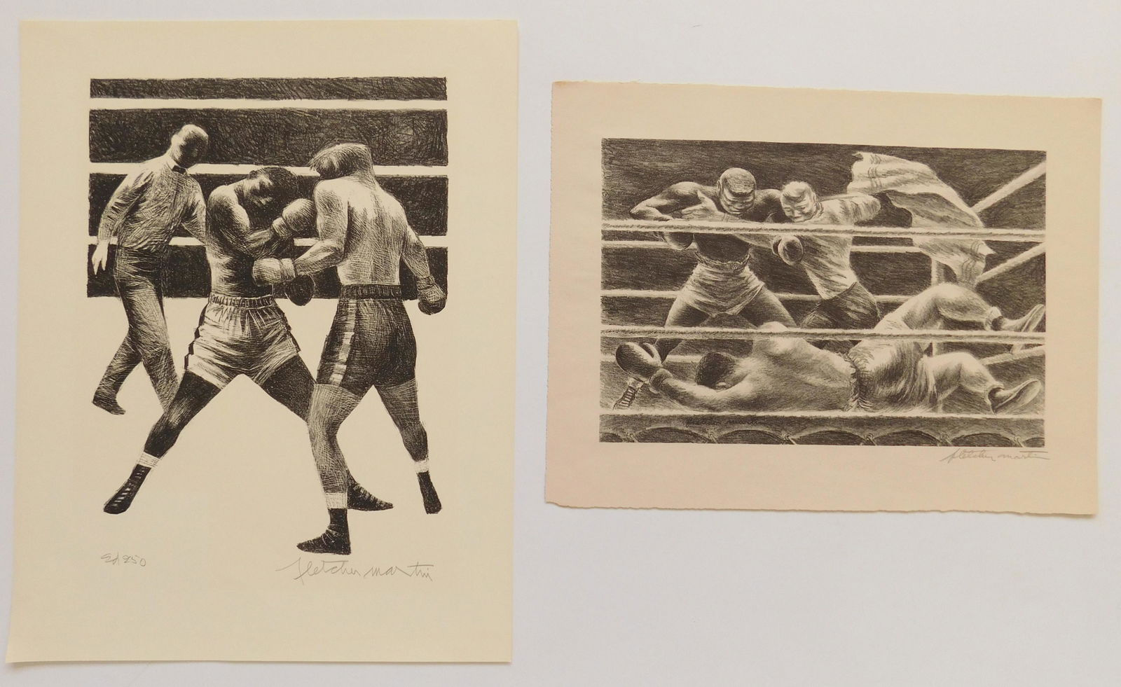 2 Fletcher Martin lithographs: Fletcher Martin (1904-1979) ''Lullaby'' (AAA 626)- lithograph, 1942, signed in pencil, AAA edition of 250. 8 x 12'' 2). ''Toe to Toe'' (AAA 1626)- lithograph, 1965, signed and annotated 'Ed. 250' in p