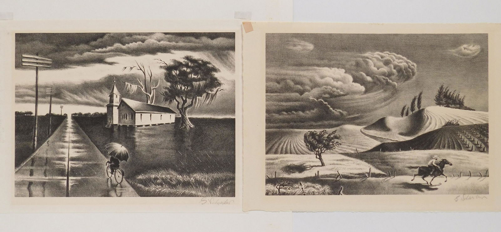 2 Georges Schreiber lithographs: Georges Schreiber (1904-1977) 1). ''Rain'' (AAA 537)- lithograph, 1942, signed in pencil, edition of 250, slightly light struck. 9 3/4 x 13'' 2). ''Spring Storm'' (AAA 575)- lithograph, 1943, signed i