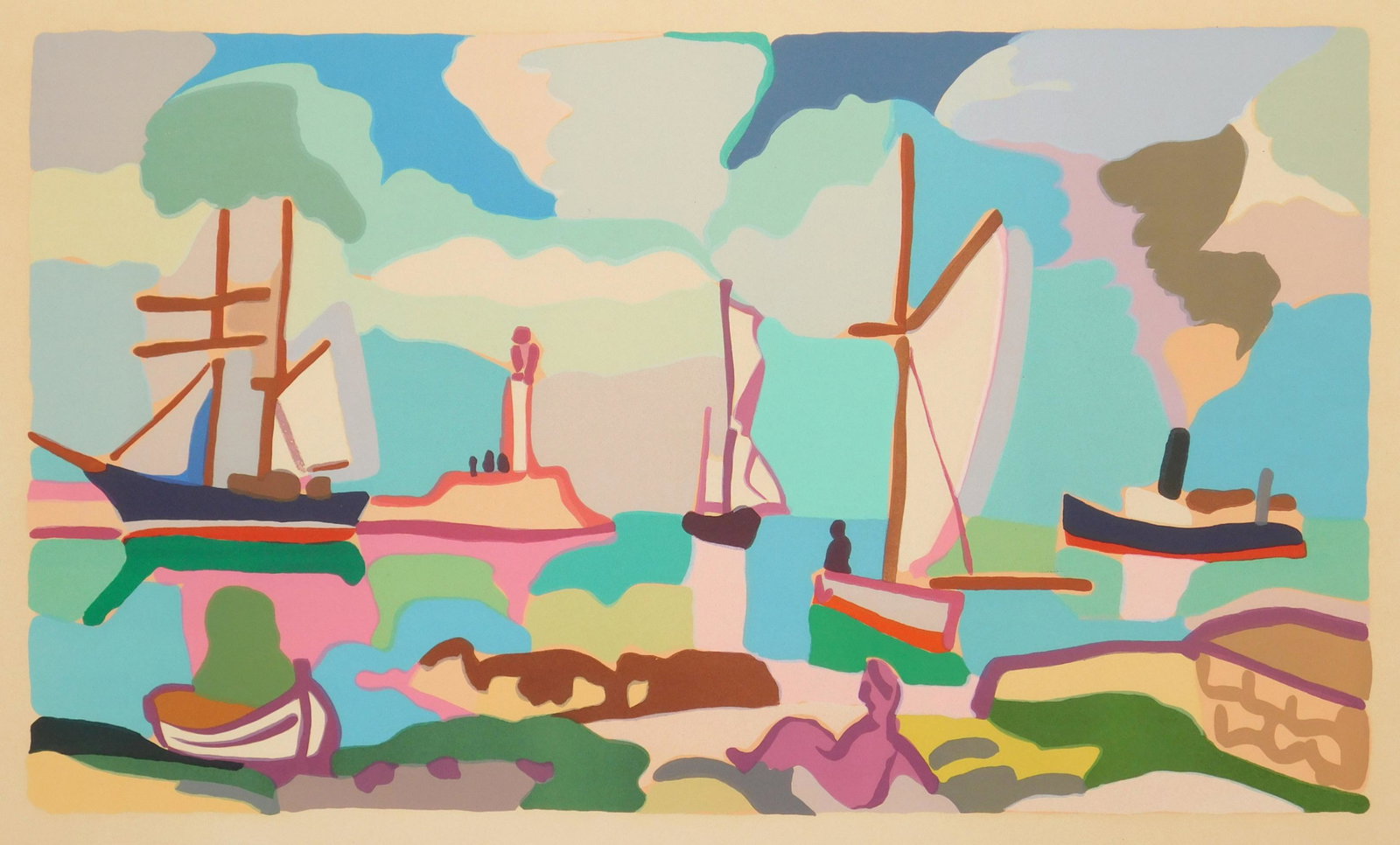 Charles Lapicque silkscreen: Charles Lapicque (French 1898-1988) Coastal Scene- silkscreen in colors, signed and numbered 84/120 i n pencil, light struck. 12 1/4 x 21''