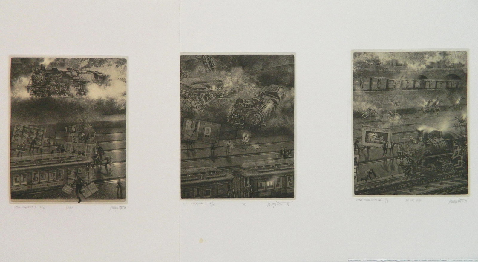 Peter Milton 3 etchings: Peter Milton (American 1930- ) ''Little Millenium Suite I-III (Lieven; Pas Une Pipe & Y2K)''- 3 etchings, 1998, all signed, titled, dated and numbered 21/90 in pencil, 'Y2K' has one spot of stain lowe