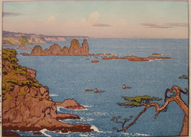 Toshi Yoshida woodblock: Toshi Yoshida- ''Irozaki, Evening''- woodblock in colors, signed and titled in pencil, very good condition. 9 3/4 x 13 1/4''