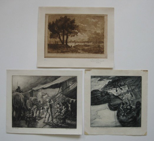 3 etchings- 2 American and 1 European: 3 etchings including 1. Ralph Fletcher Seymour- ''The Big Top'', signed and titled in pencil; 2. John Stock- ''Stormy Latitudes''- signed and titled in pencil; 3. George Le Meilleur- Landscape- signed