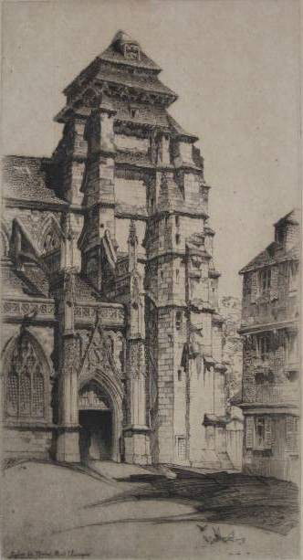 John Taylor Arms etching: John Taylor Arms- ''Eglis Saint Michel'' (Fletcher 198)- etching, 1927, signed and dated in pencil, edition of 11, light struck and mat burn. 9 1/4 x 4 7/8''