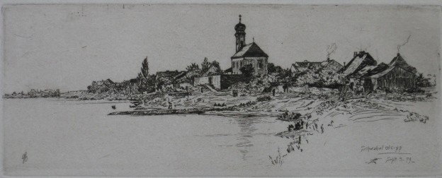 Otto Bacher etching: Otto Bacher- ''Schwabelweiss'' (Andrews 14)- etching, 1879, signed in pencil, from the Danube Suite, glued around outer edges to bottom support, light struck. 3 1/4 x 8 1/4''