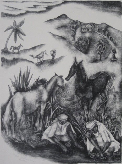 George Biddle lithograph: George Biddle- ''Coffee Huskers'' (Pennigar 77)- lithograph, 1928, signed, titled and numbered 99/100 in pencil, from the West Indies Series, very good condition. 13 1/8 x 9 3/4''