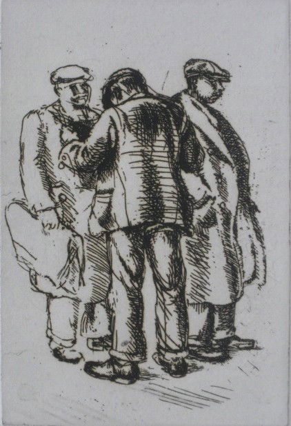 Isabel Bishop etchings (2): Isabel Bishop- ''Three Men on 14th St.'' (teller 4A) & ''Reaching for the Coat Sleeve'' (Teller 32)- 2 etchings, 1927-31, 1943, both signed and numbered xx/xxv and 47/50 in pencil, from the editions p