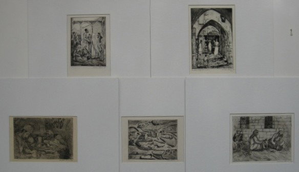 Mortimer Borne drypoints (5): Mortimer Born- ''Sandal Makers''; ''Chicken Plucking, Jerusalem''; ''View of Hebrew University''; ''Bokhara Marked with Arch, Jerusalem'' and ''Butcher Street, Jerusalem''- 5 drypoints, all signed in 