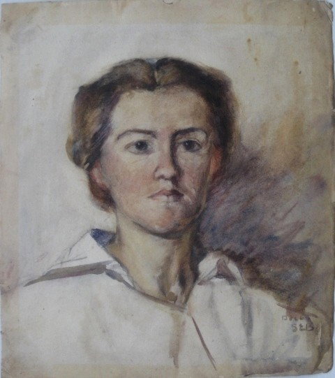 Selina Elizabeth Bres-Gregory watercolor: Selina Elizabeth Bres-Gregory (American 1870-1953)- Portrait of A Woman- watercolor on paper, initialed S.E.B. lower right, one point had been laid on chip board and been removed. 11 x 9 1/2''
