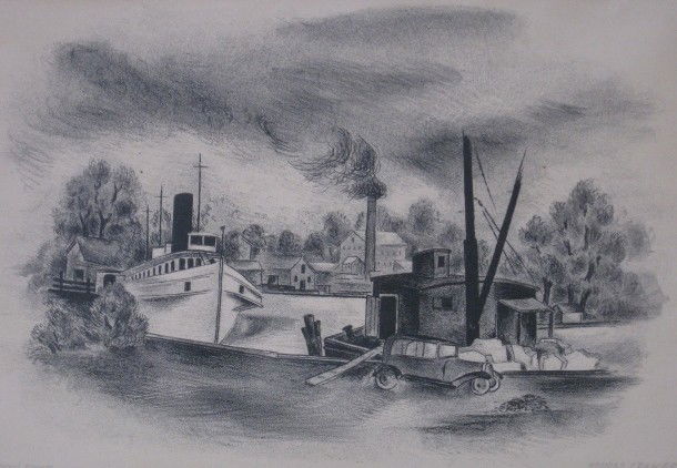 Konrad Cramer lithograph: Konrad Cramer- Stone Dock- lithograph, 1933, signed, dated and annotated 'Artist's Proof' in pencil, mat burn and paper light toned, cellophane tape around 4 edges. 9 x 13 7/8''