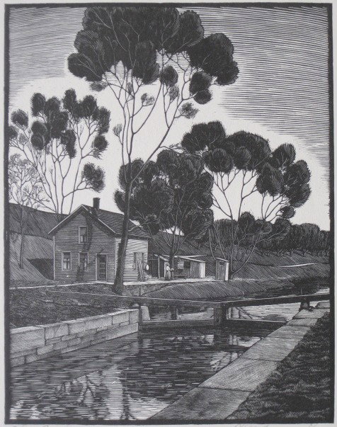 W. Phelps Cunningham wood engraving: W. Phelps Cunningham- ''Ohio Canal''- wood engraving, 1932, signed in pencil, edition of 250, published by the Print-A-Month club, Cleveland, very good condition. 7 1/4 x 6''