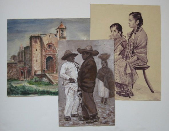 Michael Dadante watercolors: Michael Dadante- Mission Church, Two Young Girls and Three Figures- 3 watercolors on paper, all signed in pencil, good condition, location of all 3 is Sam Miguel Allende, various sizes.
