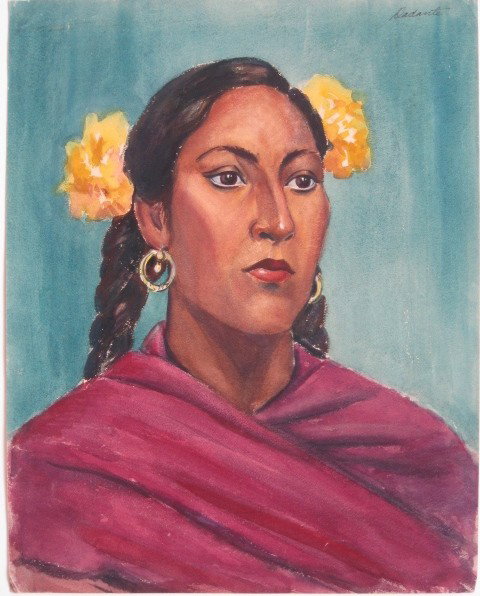 Michael Dadante watercolor: Michael Dadante- Mexican Woman- watercolor on paper, signed Dadante upper right, edges slightly worn otherwise good condition. 19 3/4 x 15 1/4''