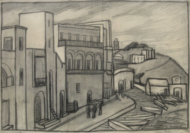 Clara Deike charcoal on paper: Clara Deike- ''Capri''- charcoal on paper, ca. 1926, signed and titled lower right. 11 1/2 x 17''