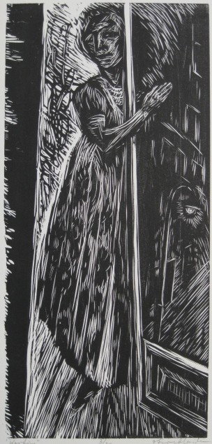 Isaac Friedlander wood engraving: Isaac Friedlander- ''Waiting''- wood engraving, signed, titled and numbered 3/30 in pencil, slightly light struck, otherwise good condition. 15 x 7''