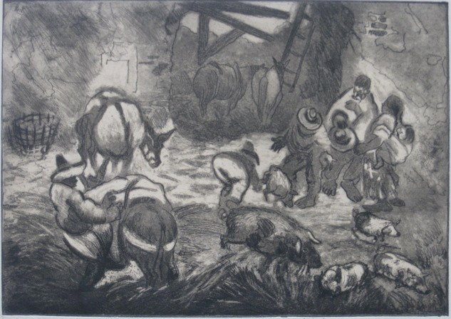 George O. 'Pop' Hart etching and aquatint: George O. 'Pop' Hart- ''Pig Market, Mexico''- etching and aquatint, 1926, signed. 8 3/4 x 12 1/2''