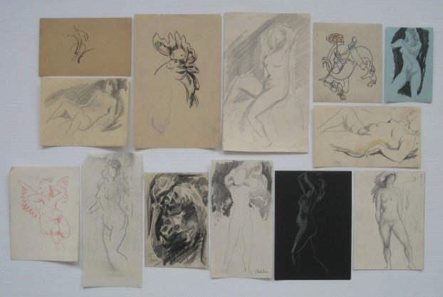 Henry Keller pencil sketches: Henry Keller- Untitled- selection of 13 graphite on paper, figure or head studies, generally good condition, various sizes.