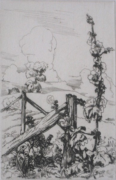 Henry G. Keller etching and lithograph: Henry G. Keller- ''Anna's Garden'' & ''Cows, Evening''- 1 etching and 1 lithograph, both signed in pencil, 'Anna' has diagonal crease and some smudges otherwise they are in good condition., 4 1/8 x 2 