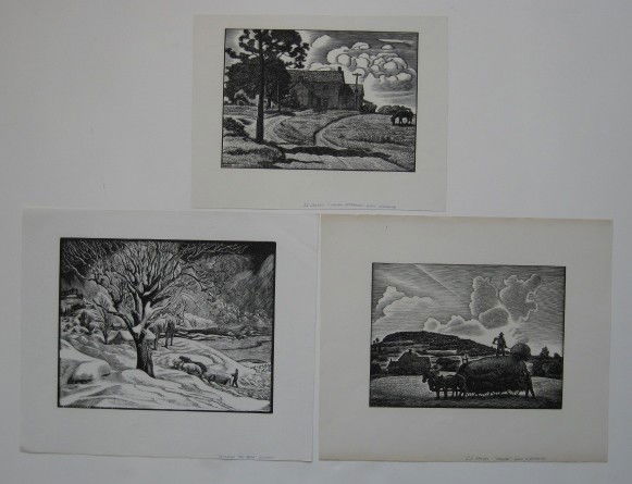 J. J. Lankes and E. Howard wood engravings: Julius J. Lankes- ''Haying'' & ''Sunday Afternoon'' and Eloise Howard- ''Opening the Road''- 3 wood engravings, all published by American Artists Group in editions of about 200 ea., very good conditio
