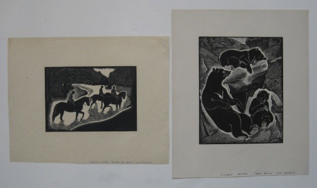 Barbara Latham wood engravings (2): Barbara Latham- ''Fording the Stream'' & ''Bear Family''- 2 wood engravings, both published by American Artists Group in editions of about 200 ea., very good condition. 6 x 8 1/2''; 10 x 8''