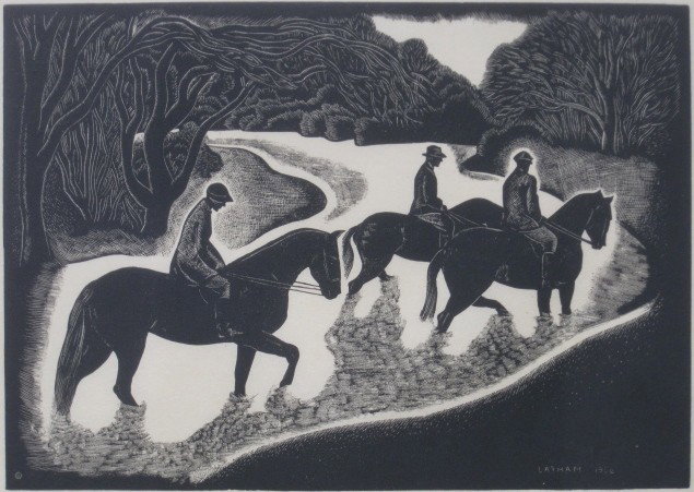 Barbara Latham wood engraving: Barbara Latham- ''Fording the Stream''- wood engraving, published by American Artists Group in edition of about 200, very good condition. 6 x 8 1/2''