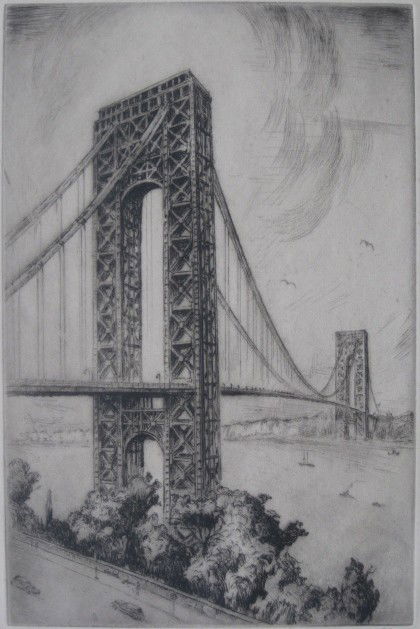 Nat Lowell etching: Nat Lowell- ''George Washington Bridge''- etching, ca. 1940, signed in pencil, light struck, scuff on left side goes into image. 13 1/8 x 8 1/2''