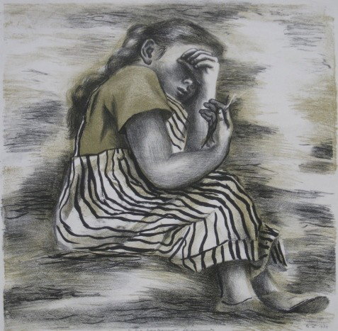 Margaret Lowengrund lithograph: Margaret Lowengrund- Girl In The Hay- lithograph in colors, 1939, initialed, dated and inscribed 'To Sid from Margaret Lowengrund' in pencil, 1939 New York's World Fair. 13 1/4 x 13 1/2''