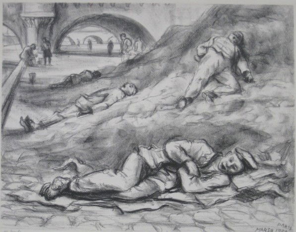 Reginald Marsh lithograph: Reginald Marsh- ''Along The Seine'' (Sasowsky 13)- lithograph on chine colle, 1928, signed and annotated '40 proofs' in pencil, very good condition. 8 9/16 x 11''
