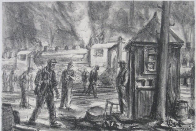 Reginald Marsh lithograph: Reginald Marsh- ''Erie R. R. Yards (Sasowsky 18)- lithograph on chine colle, 1928, signed and annotated '35 proofs' in pencil, very good condition. 8 3/4 x 13 1/8''
