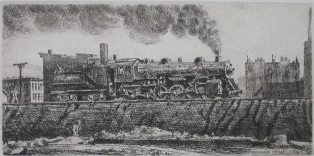 Reginald Marsh etching: Reginald Marsh- ''Loco-Going Through Jersey City'' (Sasowsky 89)- etching, 1930, Whitney Museum no. 35/100, as published in 1969, Whitney Museum blindstamp, very good condition. 4 7/8 x 9 7/8''