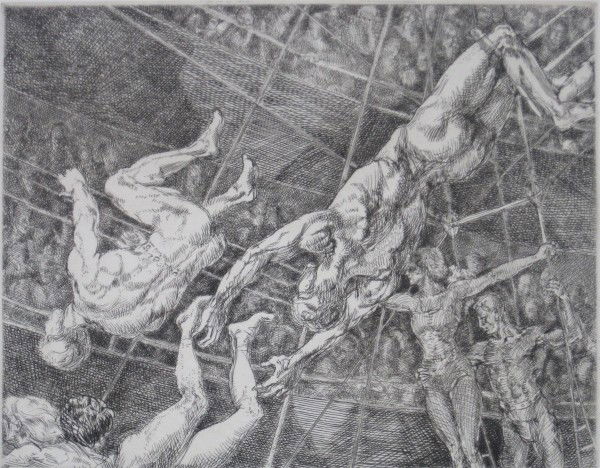 Reginald Marsh etching and engraving: Reginald Marsh- ''Flying Concellos'' (Sasowsky 163)- etching and engraving, 1936, Whitney Museum edition, no. 2/100, as published in 1969, Whitney Museum blindstamp, very good condition. 8 x 10''
