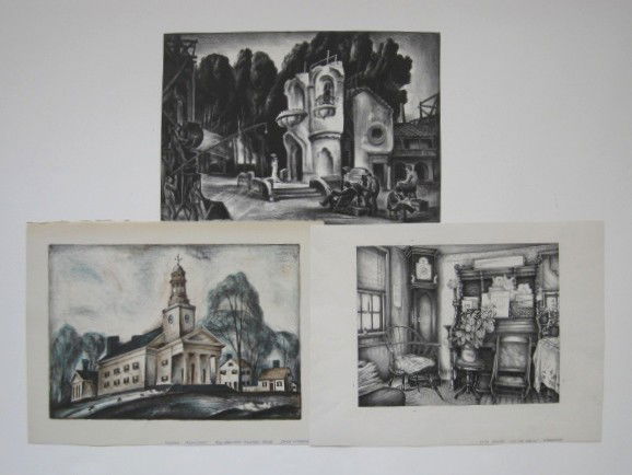 Warren Newcombe; Edith Newton - 3 lithographs: Warren Newcombe- Anna Karenina in Hollywood; and New England Meeting House- 2 lithographs; together with Edith Newton- ''Parlor Organ''- lithograph; all published by AAG, good condition. 10 5/8 x 14 3