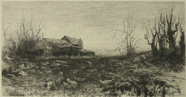 Stephen Parrish etching: Stephen Parrish- ''November''- etching, 1887. 5 1/2 x 10 1/2''