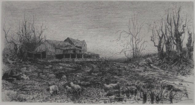 Stephen Parrish; Samuel Popkins- 2 etchings: Stephen Parrish- ''November''- etching, 1888; together with Samuel Popkins- Statue- etching, signed, titled (illegibly) and numbered 14/35 in pencil, staining throughout. 5 3/4 x 10 1/2''; 7 x 4 1/2''