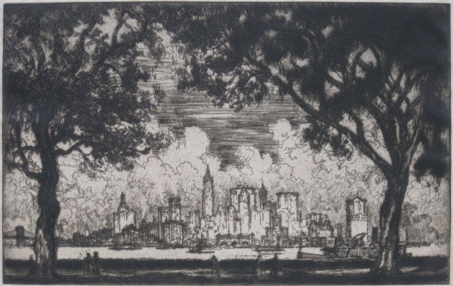 Joseph Pennell etching: Joseph Pennell- ''New York from Governors Island'' (Wuerth 668)- etching, 1915, signed in pencil, light struck and foxing. 7 7/10 x 11 15/16''
