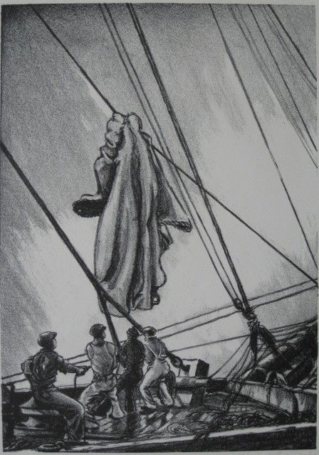 Charles Pont lithograph: Charles Pont- Hauling Rigging and Sails- lithograph, signed in pencil, good condition. 10 7/8 x 7 3/4''