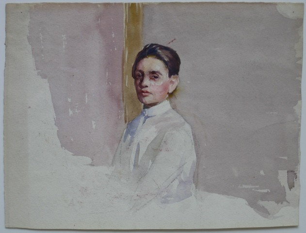 Grace Young 1 watercolor and 1 gouache: Grace Young- Portrait of A Young Male; Reading by Lamplight- 1 watercolor on paper and 1 grisaille gouache on paper, both slightly light struck, otherwise very good condition. 6 1/2 x 8 1/2''; 6 1/4 x