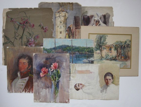Grace Young watercolors and oils (8): Grace Young- Various Subjects- 6 watercolors on paper and 2 oils on canvas, fair condition, various sizes.