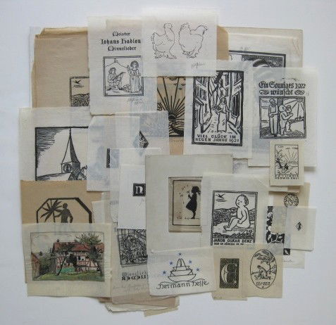 20th c. German school woodcuts: 20th c. German school woodcut and linocuts, approximately 50, including genre scenes, birth announcements and gook plates and 1 graphite on paper of caricature studies, most are signed in pencil, very