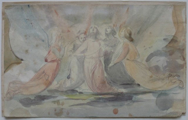 after William Blake watercolor and graphite: after William Blake- The Five Daughters of The Zelophad- watercolor and graphite on paper, fair condition. 5 x 8 1/8''