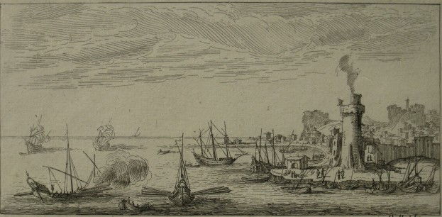 after Callot; after Castigligne- 2 etchings: after Jacques Callot- Boats in Harbor of a Fortified Town; after Giovanni B. Castigligne- Head of A Bearded Man- 2 etchings. 3 1/16 x 6 3/8''; 6 x 5''